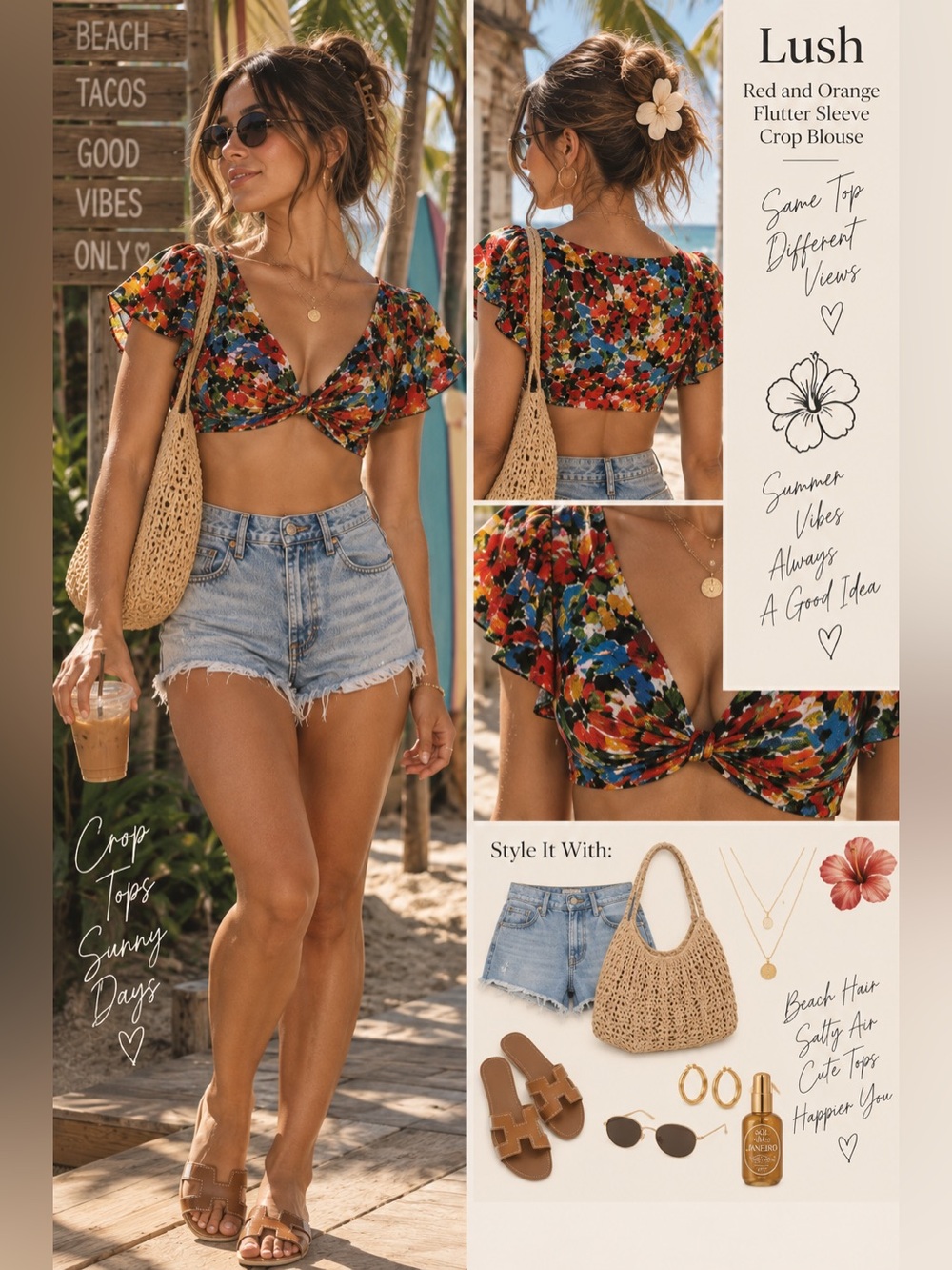 Lush Red and Orange Flutter Sleeve Crop Blouse